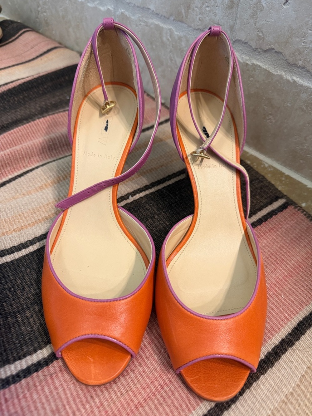 J Crew colorblock Women’s Orange & Pink Leather Open-Toe Ankle-Strap Heels 9